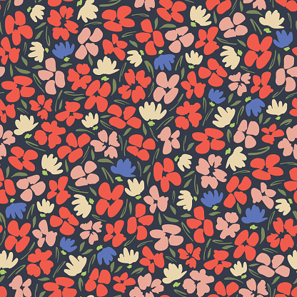 Bold graphic gestural ditsy floral vector seamless pattern. Simplistic small scale hand drawn colourful blooms on dark background. Retro minimal stylized flowers and leaves texture.