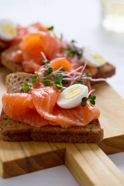 istock Toasts with smoked salmon, quail egg and radish sprouts 1129634036