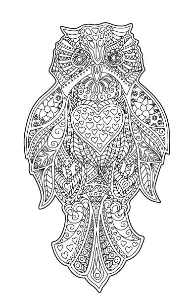 Adult coloring book page with decorative owl Beautiful coloring book page with decorative owl on white background background of a owl black and white stock illustrations