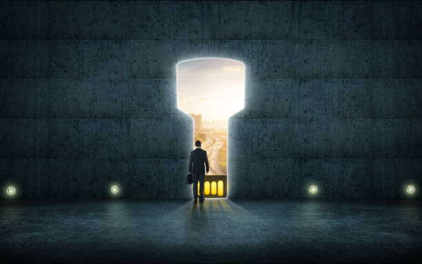 istock Businessman walk to abstract digital USB key 1129635272