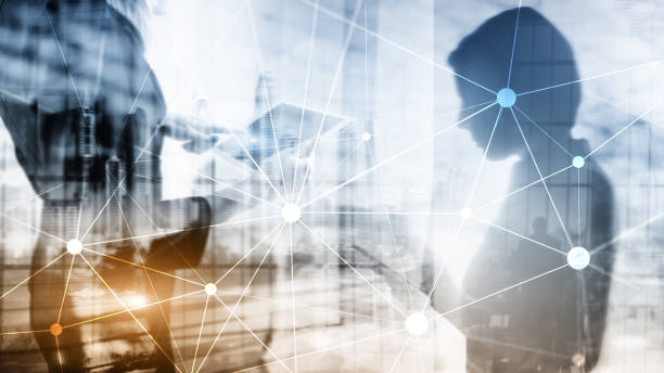 istock Blockchain network on blurred skyscrapers background. Financial technology and communication concept. 1129637274