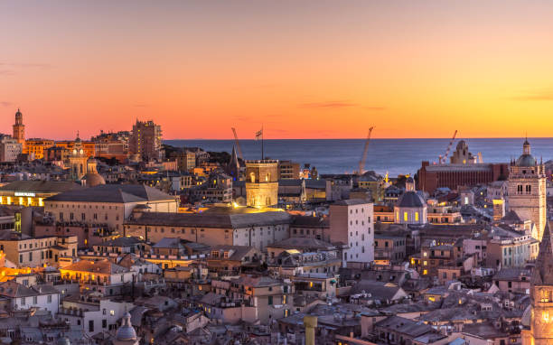 Genova, Italy: Beautiful sunset aerial panoramic view of Genoa historic centre old town (San Lorenzo Cathedral, duomo, Palazzo Ducale) Genova, Italy: Beautiful sunset aerial panoramic view of Genoa historic centre old town (San Lorenzo Cathedral, duomo, Palazzo Ducale), sea and port at dusk. historic district photos stock pictures, royalty-free photos & images