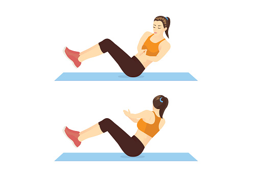 Woman doing Russian twist exercise in 2 step guide on mat. Illustration about workout position which targets the abdominals.