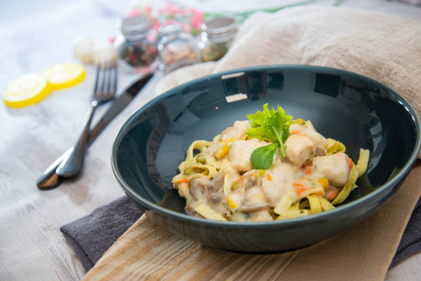 istock Tagliatelle with chicken, mushrooms, cream and chives 1129640103
