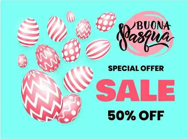 Vector illustration of Happy Easter italian language sale banner template with beautiful easter pink gold eggs on blue background. Vector illustration.