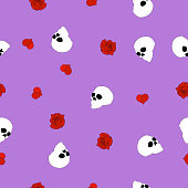 istock Seamless pattern human skull, red broken hearts, roses on purple, vector eps 10 1129641736