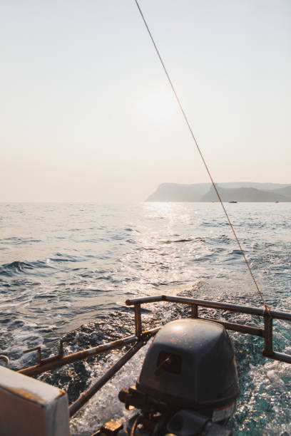 Motorboat engine. The boat is on the sea