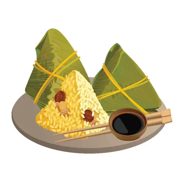 Vector illustration of Rice dumplings, zongzi asian food isolated on white