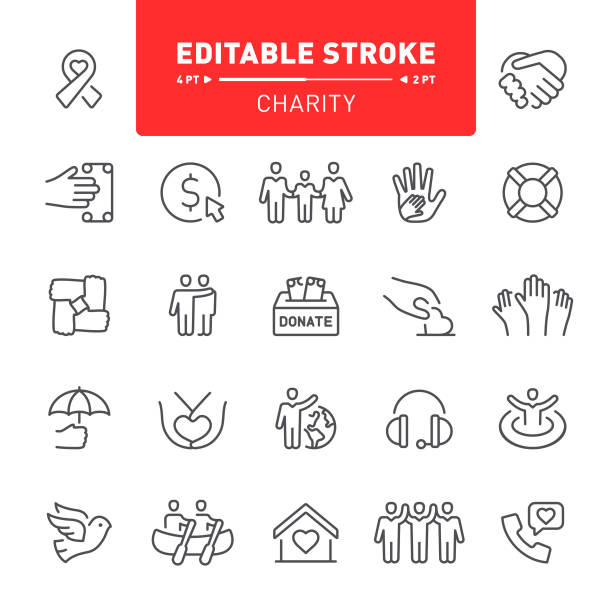 Charity Icons Charity, donate, editable stroke, outline, icon, icon set, volunteering, dove, peace, assistance dove earth globe symbols of peace stock illustrations