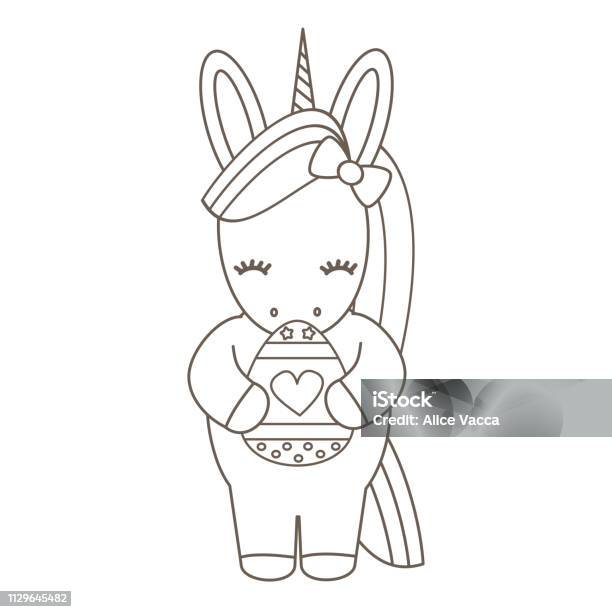 Cute Cartoon Vector Black And White Easter Unicorn With Egg Holiday Illustration For Coloring Art Stock Illustration - Download Image Now