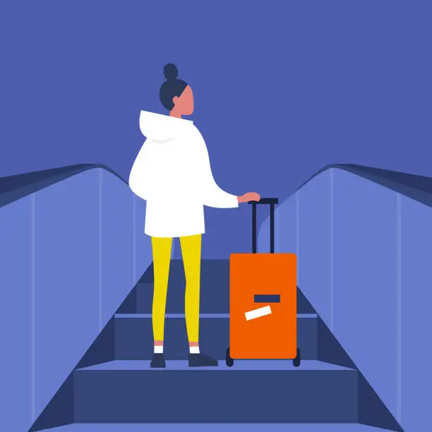 Vector illustration of Young female passenger going up on the escalator with the baggage. Airport. Subway station. Travel. Flat editable vector illustration, clip art