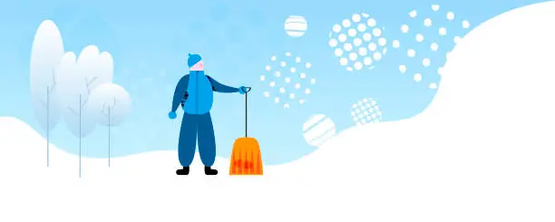 Vector illustration of Worker with shovel near trees on winter day