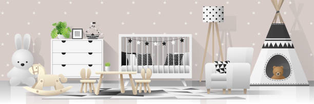 inneren hintergrund mit modernen babyzimmer, vektor, abbildung - tipi bett stock-grafiken, -clipart, -cartoons und -symbole