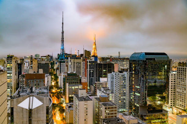 Overcast futuristic city skyline