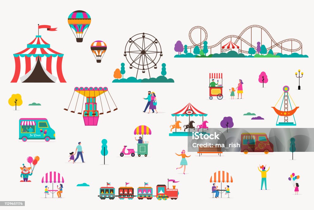 Parque de atracciones con carruseles, globos de aire y montaña rusa. Conjunto de iconos de circo, Feria y carnaval - arte vectorial de Carnaval libre de derechos Parque de atracciones con carruseles, globos de aire y montaña rusa. Conjunto de iconos de circo, Feria y carnaval - arte vectorial de Carnaval libre de derechos