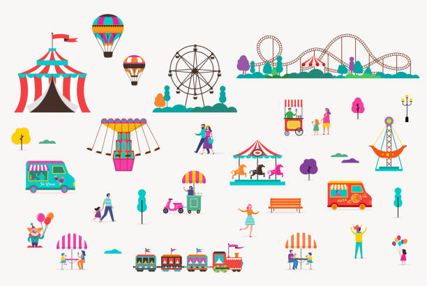 ilustraciones, imágenes clip art, dibujos animados e iconos de stock de parque de atracciones con carruseles, globos de aire y montaña rusa. conjunto de iconos de circo, feria y carnaval - circo ilustraciones