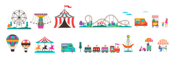 ilustraciones, imágenes clip art, dibujos animados e iconos de stock de parque de atracciones con carruseles, globos de aire y montaña rusa. conjunto de iconos de circo, feria y carnaval - amusement park park fun playground