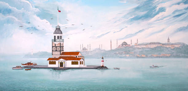 在伊斯坦布爾的基茲庫萊西或少女塔的油漆-土耳其 - 處女之塔 個照片及圖片檔