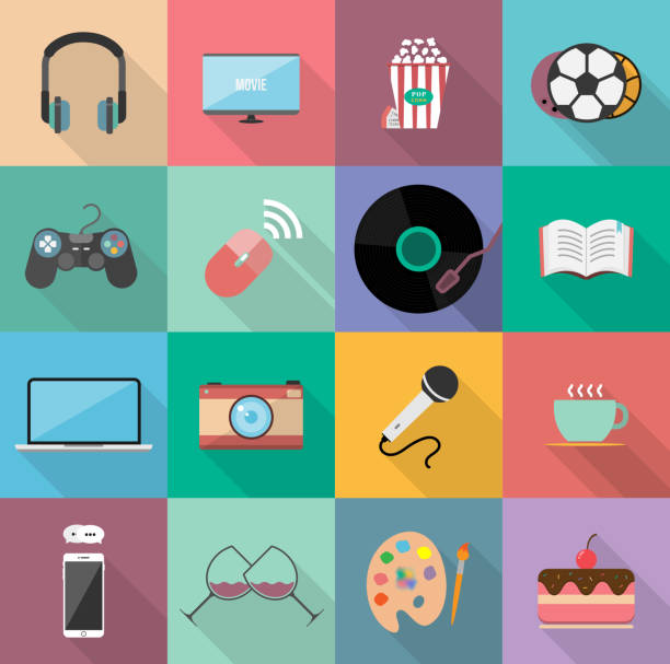 ilustrações de stock, clip art, desenhos animados e ícones de set of entertainment flat icons design, element for website, application and content. 
with long shadow on square background. 12 icons. - interface icons video