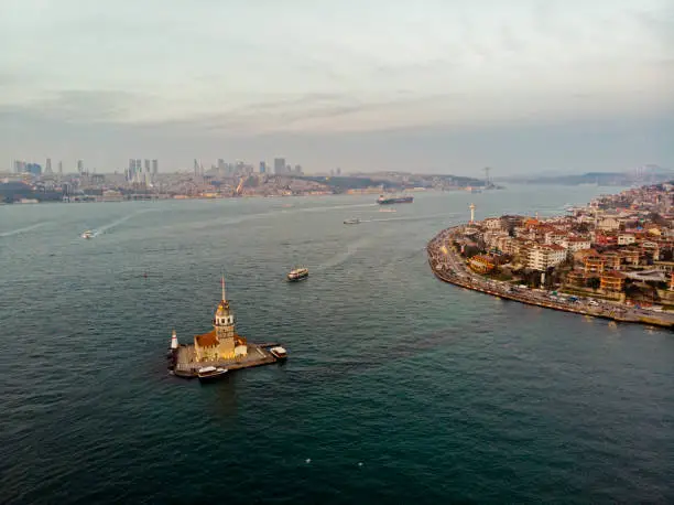 Aerial view of The Maiden's Tower, Istanbul Turkey