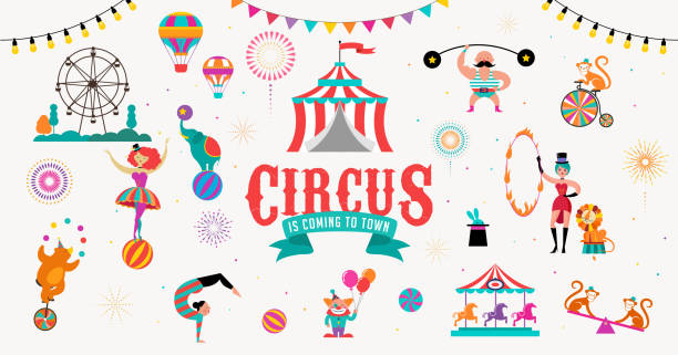 zirkus-banner und hintergrund mit zelt, affe, luftballons, gymnastik, elefant auf kugel, löwe, jugger und clown. vektor-illustration - zirkusveranstaltung stock-grafiken, -clipart, -cartoons und -symbole