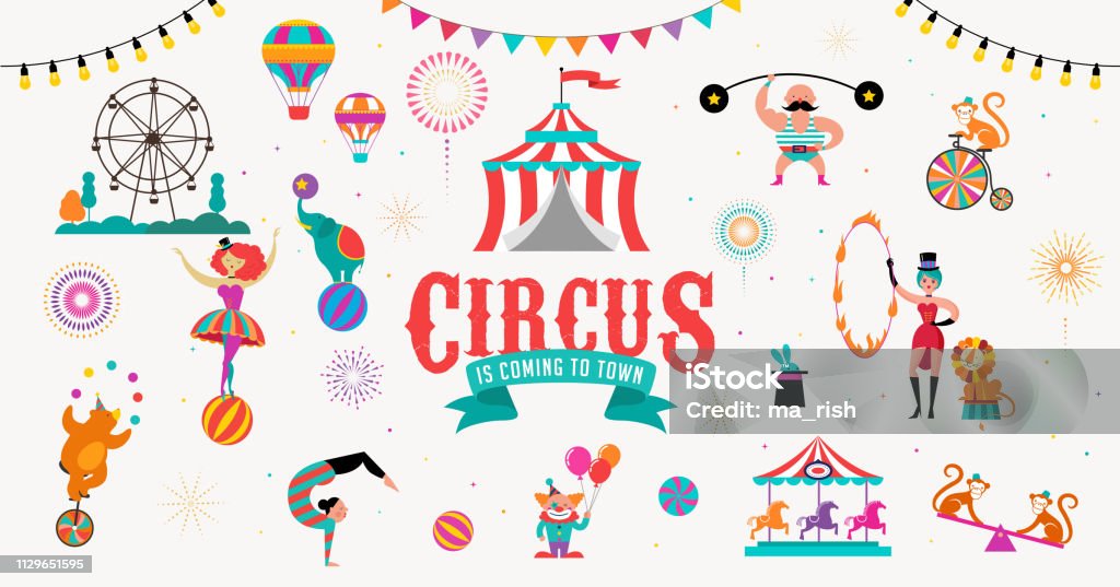 Bandera de circo y el fondo con carpa, mono, globos de aire, gimnasia, elefante bola, León, jugger y payaso. Ilustración de vector - arte vectorial de Circo libre de derechos