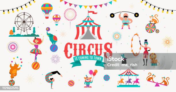 Circus Banner And Background With Tent Monkey Air Balloons Gymnastics Elephant On Ball Lion Jugger And Clown Vector Illustration Stock Illustration - Download Image Now