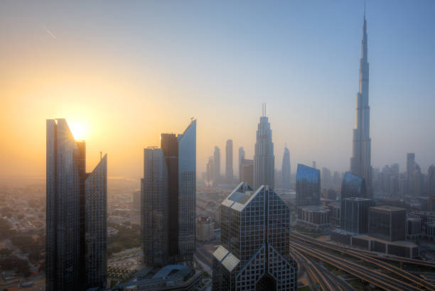 istock Dubai sunset panoramic view of downtown. 1129651600