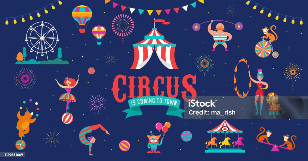 Circus banner and background with tent, monkey, air balloons, gymnastics, elephant on ball, lion, jugger and clown. Vector illustration Circus banner template and background with tent, monkey, air balloons, gymnastics, elephant on ball, lion, jugger and clown. Vector illustration Circus stock vector