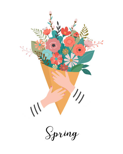 ilustrações de stock, clip art, desenhos animados e ícones de woman holding a flower bouquet. vector illustration, greeting card - flower bouquet