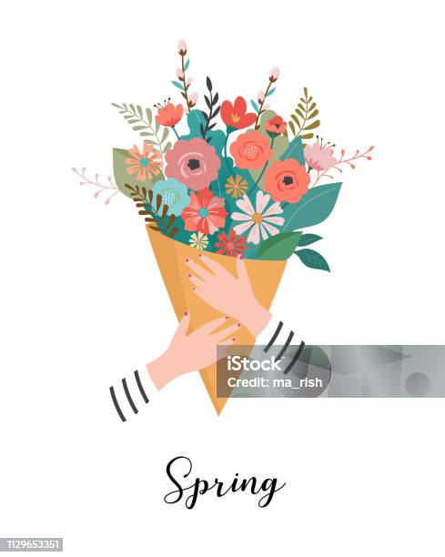 Woman Holding A Flower Bouquet Vector Illustration Greeting Card Stock Illustration - Download Image Now