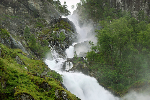 Double, twin waterfall in Hardangervidda, Norway. This is the Espelandsfossen, south of Odda, in the most western part of Hardangervidda.