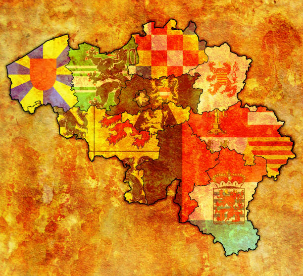 illustrazioni stock, clip art, cartoni animati e icone di tendenza di bandiera di sulla mappa con le divisioni amministrative del belgio - namur province