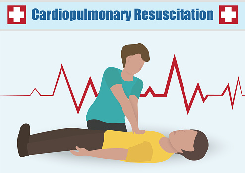 Infographic of Chest Compressions in Cardiopulmonary Resuscitation (CPR) Emergency Rescue Process on Human Heart Attack Man , One Part of the Important Process Resuscitation - Healthcare Concept
