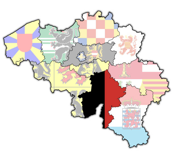 illustrazioni stock, clip art, cartoni animati e icone di tendenza di bandiera di namur sulla mappa con le divisioni amministrative del belgio - namur province