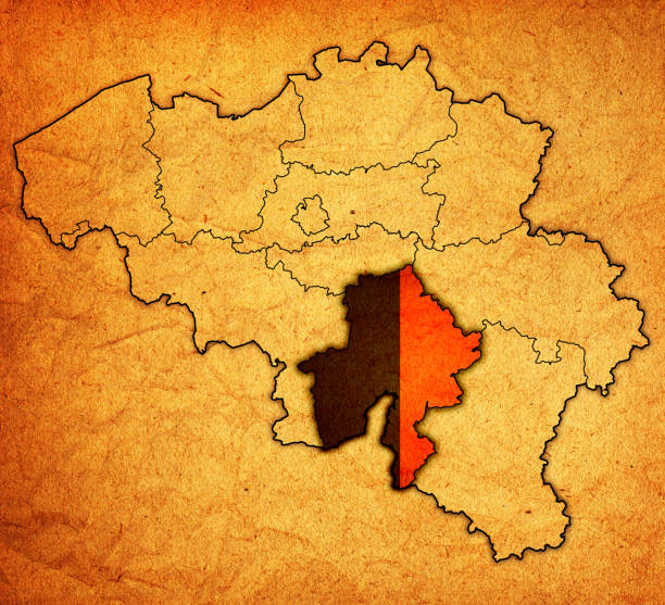 illustrazioni stock, clip art, cartoni animati e icone di tendenza di bandiera di namur sulla mappa con le divisioni amministrative del belgio - namur province