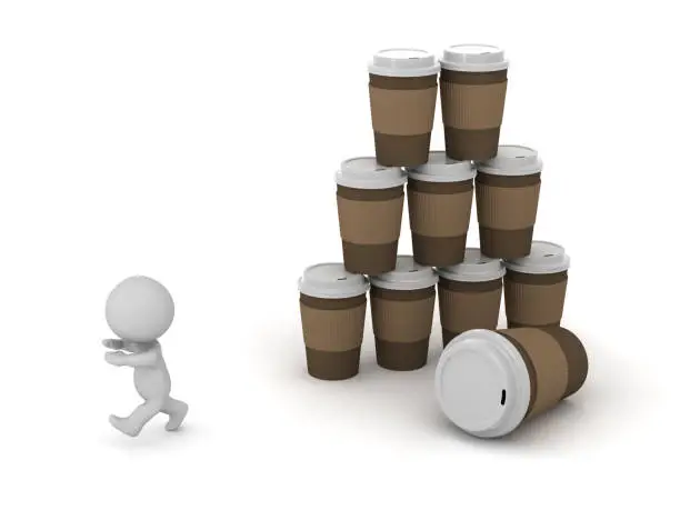 3D character is running away from several large coffee cups. Isolated on white background.