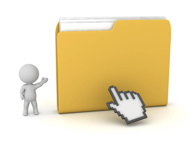 3d character showing large file folder with click hand cursor - 2042 imagens e fotografias de stock