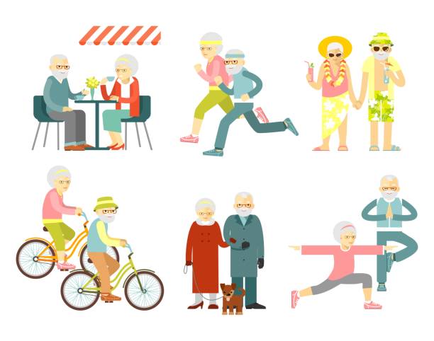 ilustrações, clipart, desenhos animados e ícones de conjunto de caracteres sênior de homem e mulher em estilo simples, isolado no fundo branco. - senior adult couple mature adult bicycle