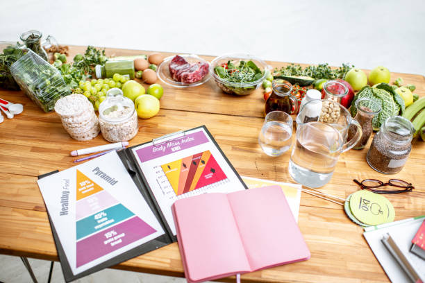 istock Nutritionists working place with food and documents 1129664427