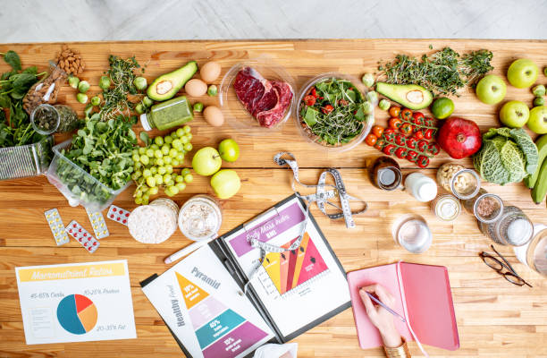 istock Writing a diet plan on the table full of healthy food 1129664611