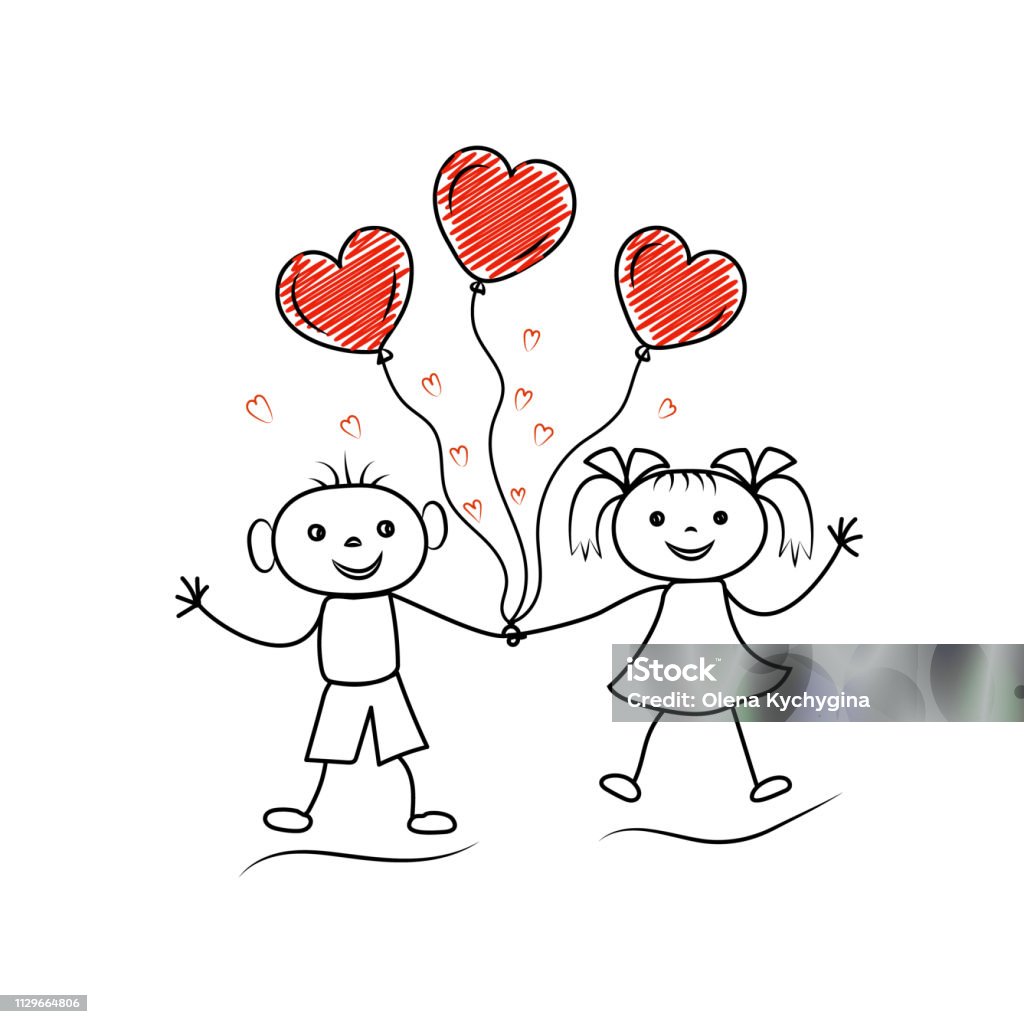 Stickman characters holding hands with doodle heart shaped balloons. Couple in love Art stock vector