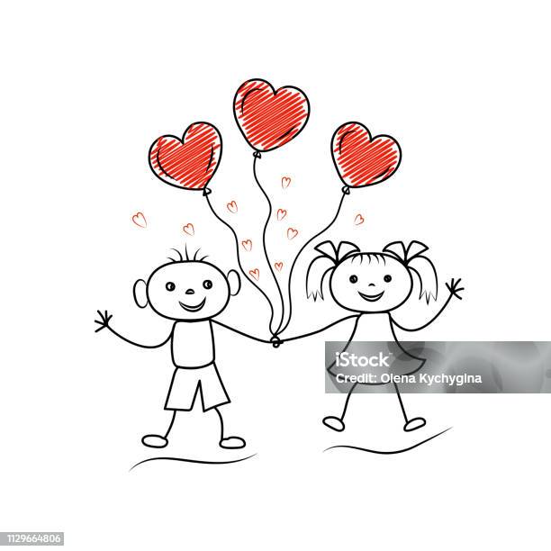 Stickman Characters Holding Hands With Doodle Heart Shaped Balloons Couple In Love Stock Illustration - Download Image Now