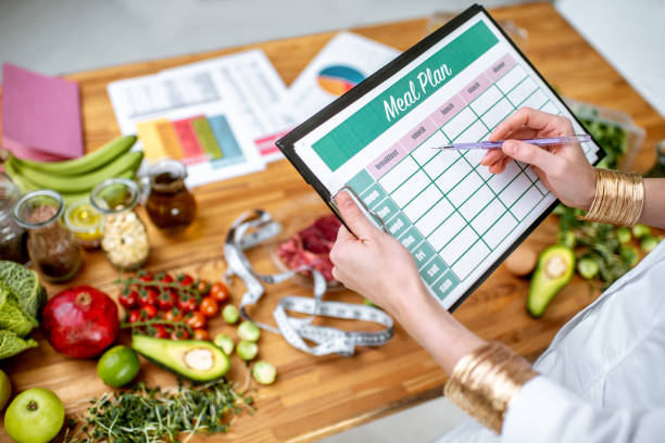 istock Writing a diet plan on the table full of healthy food 1129664865