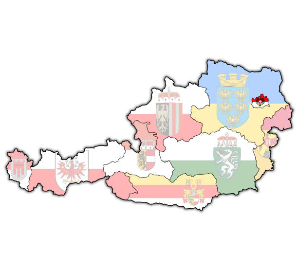 ilustrações de stock, clip art, desenhos animados e ícones de flag of vienna on administration map of austria - austria vienna map horizontal