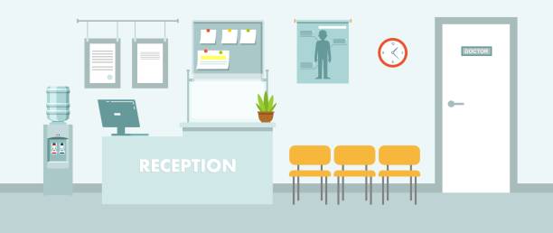 Medicine concept with empty hospital hall in flat style. Modern hospital reception interior with furniture and equipment. Vector illustration medical clinic illustrations stock illustrations