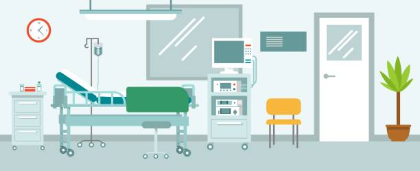 Medicine concept with empty hospital reception hall in flat style. Modern hospital corridor interior with furniture and equipment. Vector illustration hospital ward stock illustrations