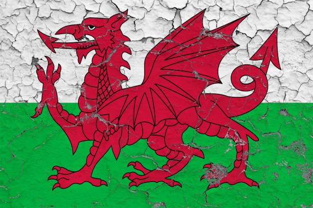 flag of wales painted on cracked dirty wall. national pattern on vintage style surface. - welsh flag grunge dirty bad condition imagens e fotografias de stock