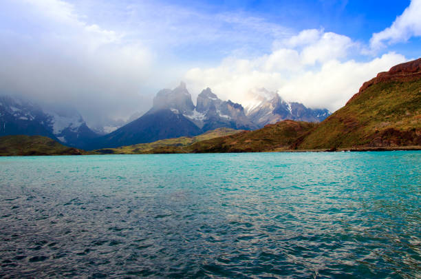 Torres del Paine peaks view, Chile.  Base Las Torres viewpoint. Chilean Patagonia landscape.