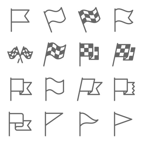 kumpulan ikon baris vektor bendera. berisi ikon seperti flagpole, start flag, race, winner, dan lainnya. goresan diperluas - race flag ilustrasi stok